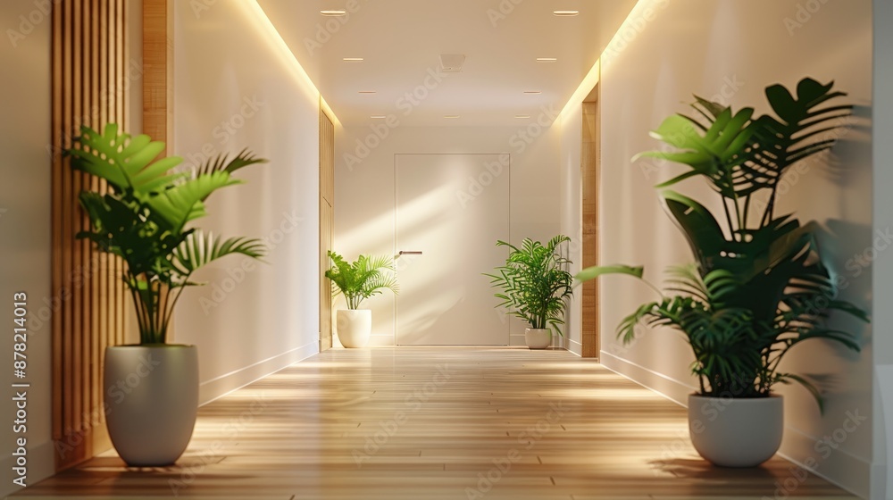 Minimalist hallway adorned with air-purifying plants and sustainable materials. Minimalist hallway adorned with air-purifying plants and sustainable materials.