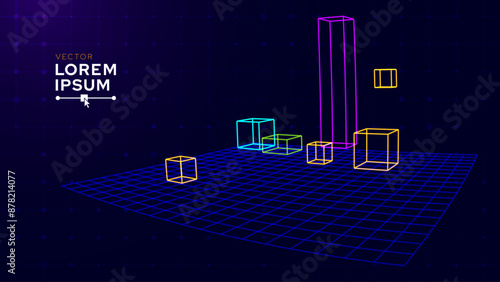 Colorful 3D Cubes Wireframe Abstract Background. Technology Shapes Retro 3D Editor Software Concept. Perspective Geometric Shapes. Vector Illustration.