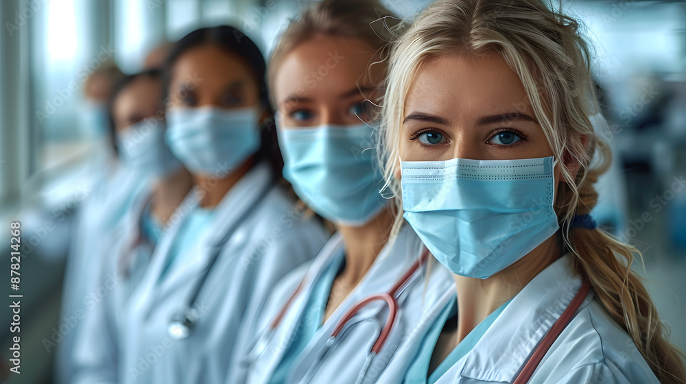 A group of serious female doctors wearing medical masks and white coats standing in a line A group of serious female doctors wearing medical masks and white coats standing in a line