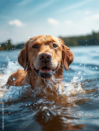 A dog splashing in a lake on a hot summer day, ample copy space