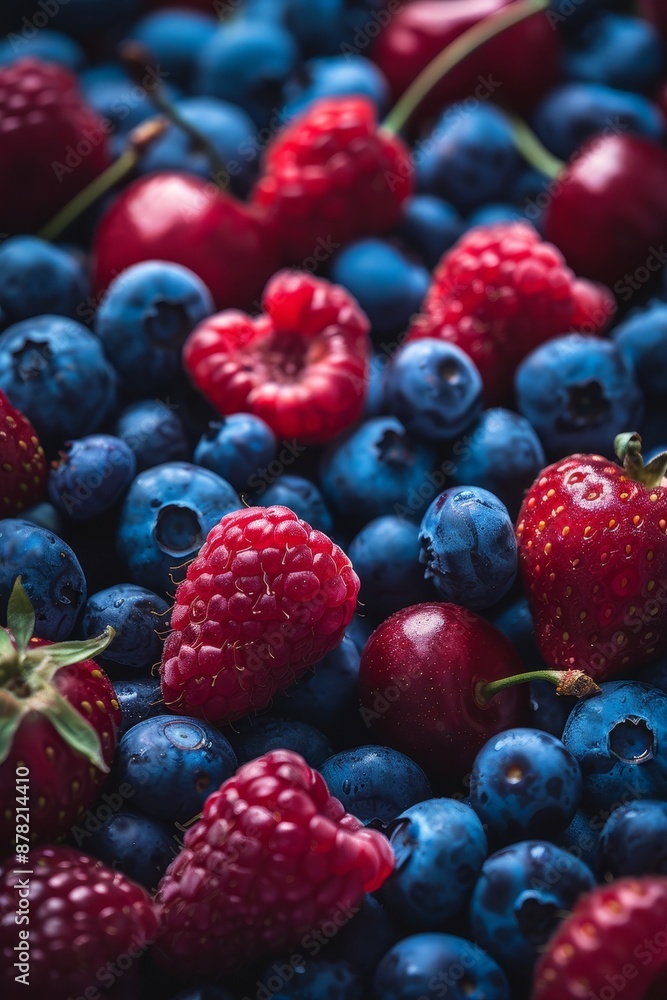 Abundance of blueberries, raspberries, cherries, and strawberries creating a vibrant fruit display Abundance of blueberries, raspberries, cherries, and strawberries creating a vibrant fruit display