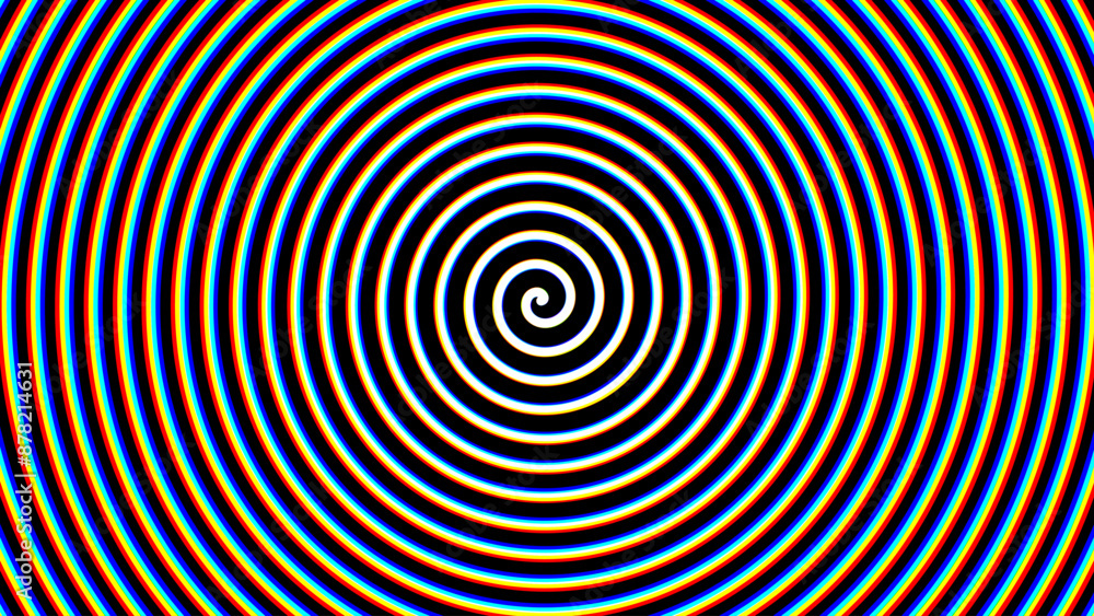 Obraz premium Psychedelic Hypnosis Spiral. Archimedean Spiral with Glitch RGB Red Green Blue Effect. Brainwash Propaganda Concept. Vector Illustration.