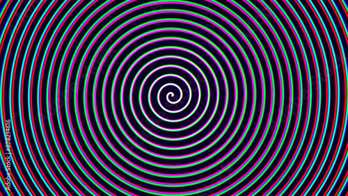 Psychedelic Hypnosis Spiral. Archimedean Spiral with Glitch RGB Red Green Blue Effect. Brainwash Propaganda Concept. Vector Illustration.