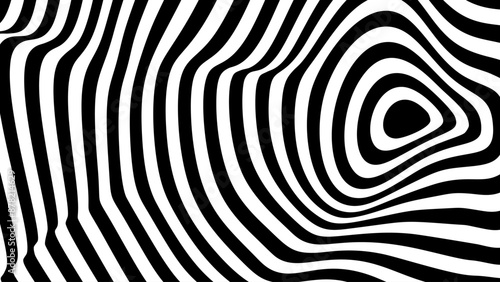 Psychedelic Warped Lines Optical Illusion Texture. Abstract Geometric Background Vector Design. Black and White Modern Pattern Op Art Illustration.