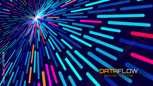 Digital Data Flow Vector Background. Big Data Technology Lines. 5G Wireless Data Transmission. High Speed of Light Trails. Information Flow in Virtual Reality Cyberspace. Vector Illustration.