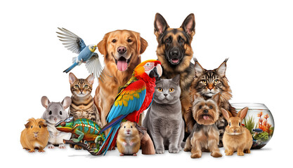 Cute group of various pet like dog cat parrot or rabbit isolated white background. furry domestic animal veterinary concept