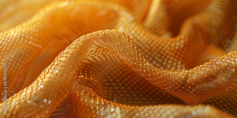 Close-up photograph of golden fabric with intricate weaving and dotted patterns showcasing texture and detail under warm lighting Close-up photograph of golden fabric with intricate weaving and dotted patterns showcasing texture and detail under warm lighting