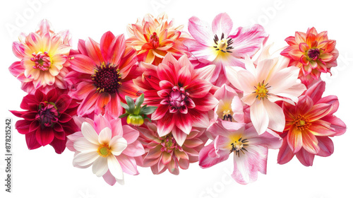 A Colorful Arrangement of Pink, Red, and Yellow Dahlias and Flowers