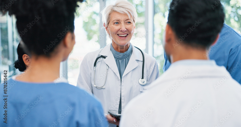 Fototapeta premium Discussion, team and doctor with nurses in hospital for collaboration on medical diagnosis. Meeting, conversation and healthcare mentor with cardiology students for feedback on internship in clinic.