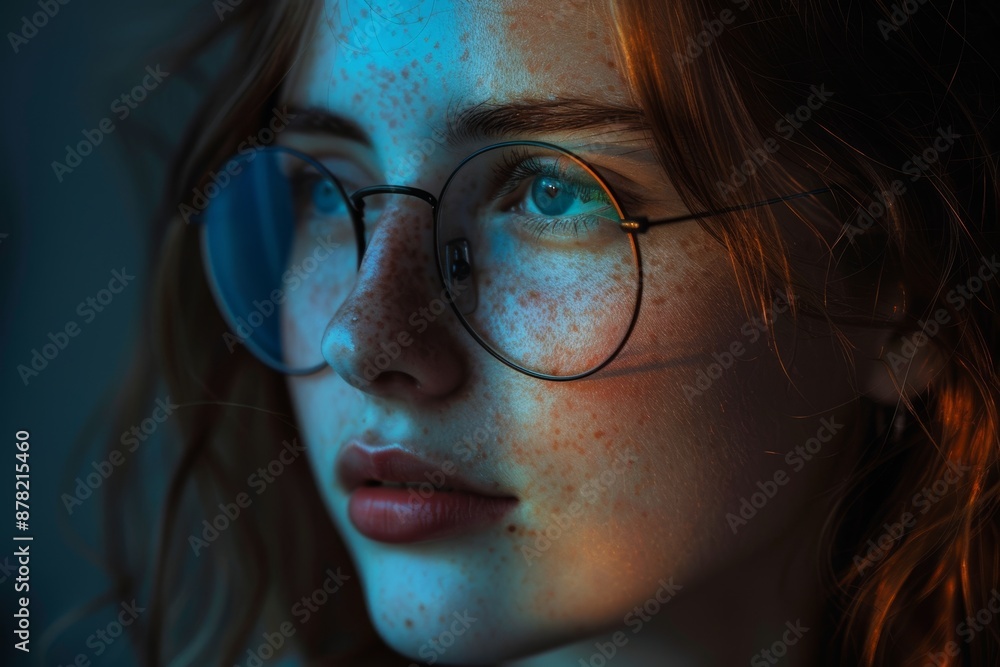 Close-up portrait of a young woman with striking green eyes and freckles, illuminated by moody blue lighting, emphasizing her reflective expression through glasses Close-up portrait of a young woman with striking green eyes and freckles, illuminated by moody blue lighting, emphasizing her reflective expression through glasses