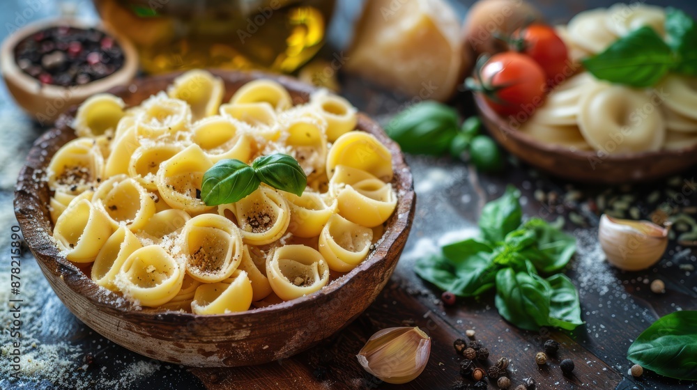 Close-up view of deliciously plated pasta garnished with basil leaves and surrounded by fresh ingredients like tomatoes, garlic, and parmesan cheese Close-up view of deliciously plated pasta garnished with basil leaves and surrounded by fresh ingredients like tomatoes, garlic, and parmesan cheese