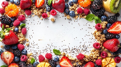 Fresh fruits, granola, and chia seeds arranged to create a healthy frame around a central copy space © fivan