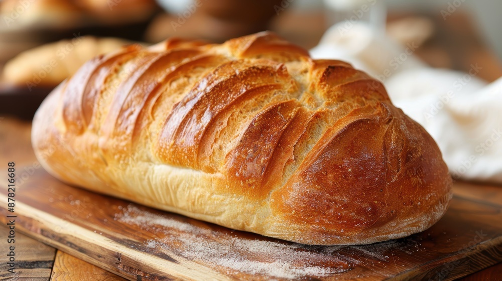 Golden-brown artisan bread loaf, fresh out of the oven, resting on a wooden cutting board with a soft fabric in the background, highlighting its rich, crispy crust and rustic appearance Golden-brown artisan bread loaf, fresh out of the oven, resting on a wooden cutting board with a soft fabric in the background, highlighting its rich, crispy crust and rustic appearance