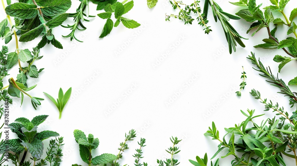 Freshly picked herbs like rosemary, thyme, and mint forming a fragrant frame around a white copy space Freshly picked herbs like rosemary, thyme, and mint forming a fragrant frame around a white copy space
