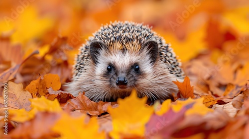 A hedgehog nestled in autumn leaves, ample copy space