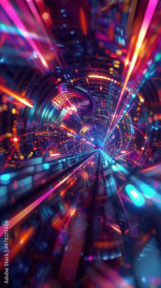 A colorful tunnel of neon lights with streaks of light in an abstract pattern A colorful tunnel of neon lights with streaks of light in an abstract pattern