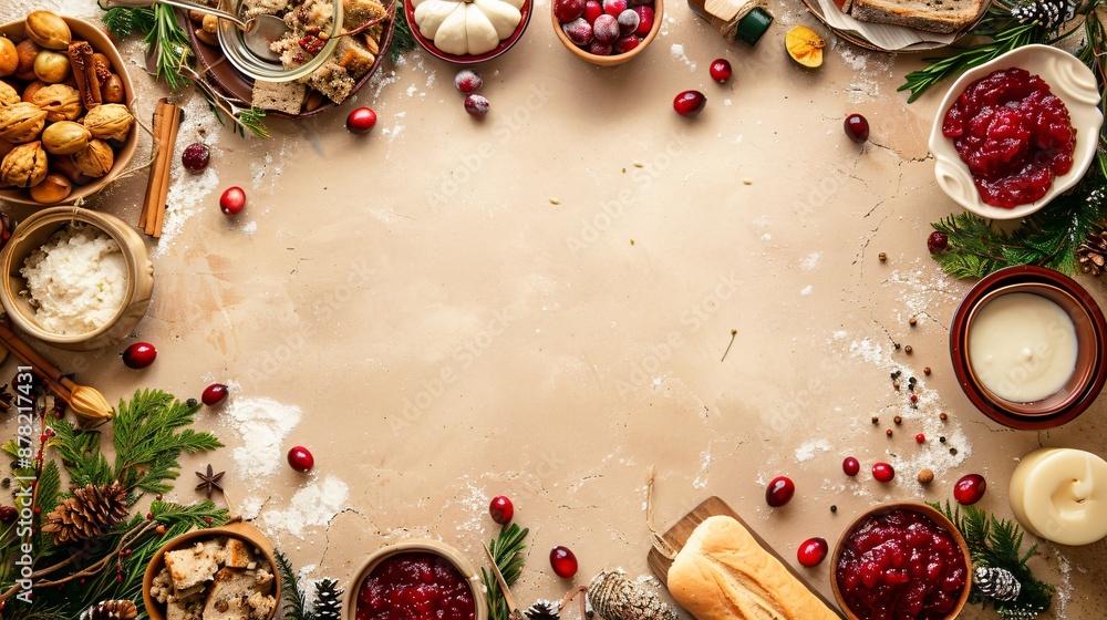 Ingredients like turkey, cranberry sauce, and stuffing creating a festive frame around a clean copy space Ingredients like turkey, cranberry sauce, and stuffing creating a festive frame around a clean copy space
