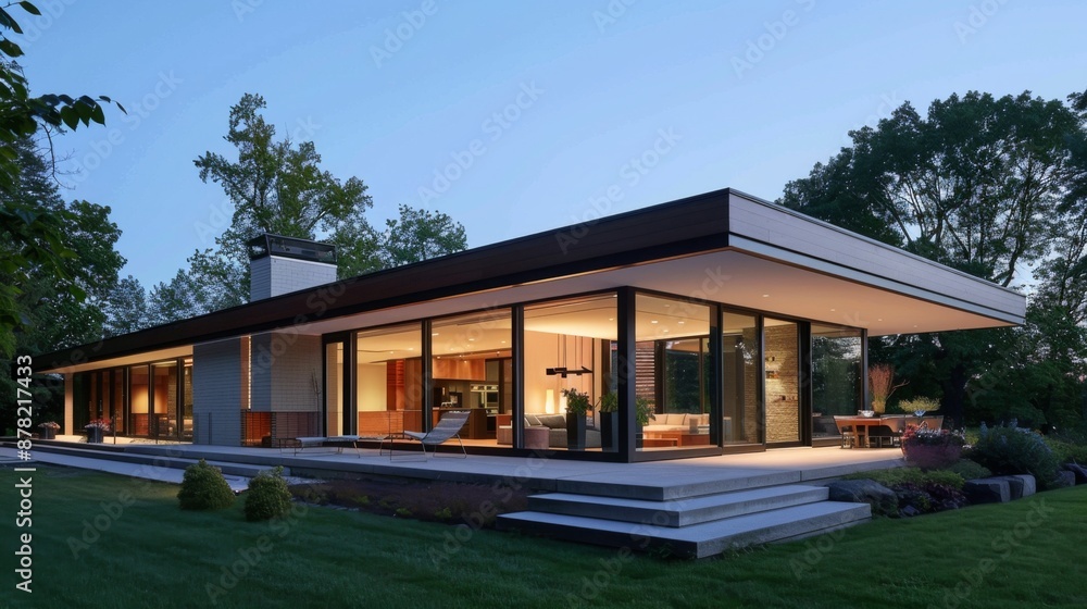 Exterior view of a minimalist house with clean geometric lines and large windows. Exterior view of a minimalist house with clean geometric lines and large windows.