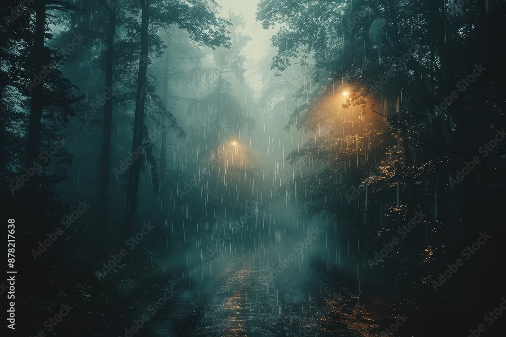 Moody forest landscape during a heavy downpour at dusk with light penetrating the mist, creating an ethereal and mysterious atmosphere Moody forest landscape during a heavy downpour at dusk with light penetrating the mist, creating an ethereal and mysterious atmosphere