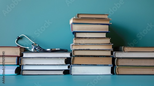 Stacked medical books and journals forming a knowledgeable frame around a clean copy space