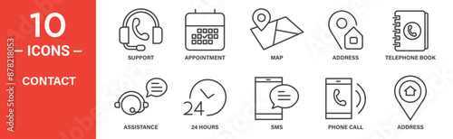 Contact related vector icon set includes support, appointment, map, address, telephone book, assistance, 24 hours, sms, phone call, address, and more icons