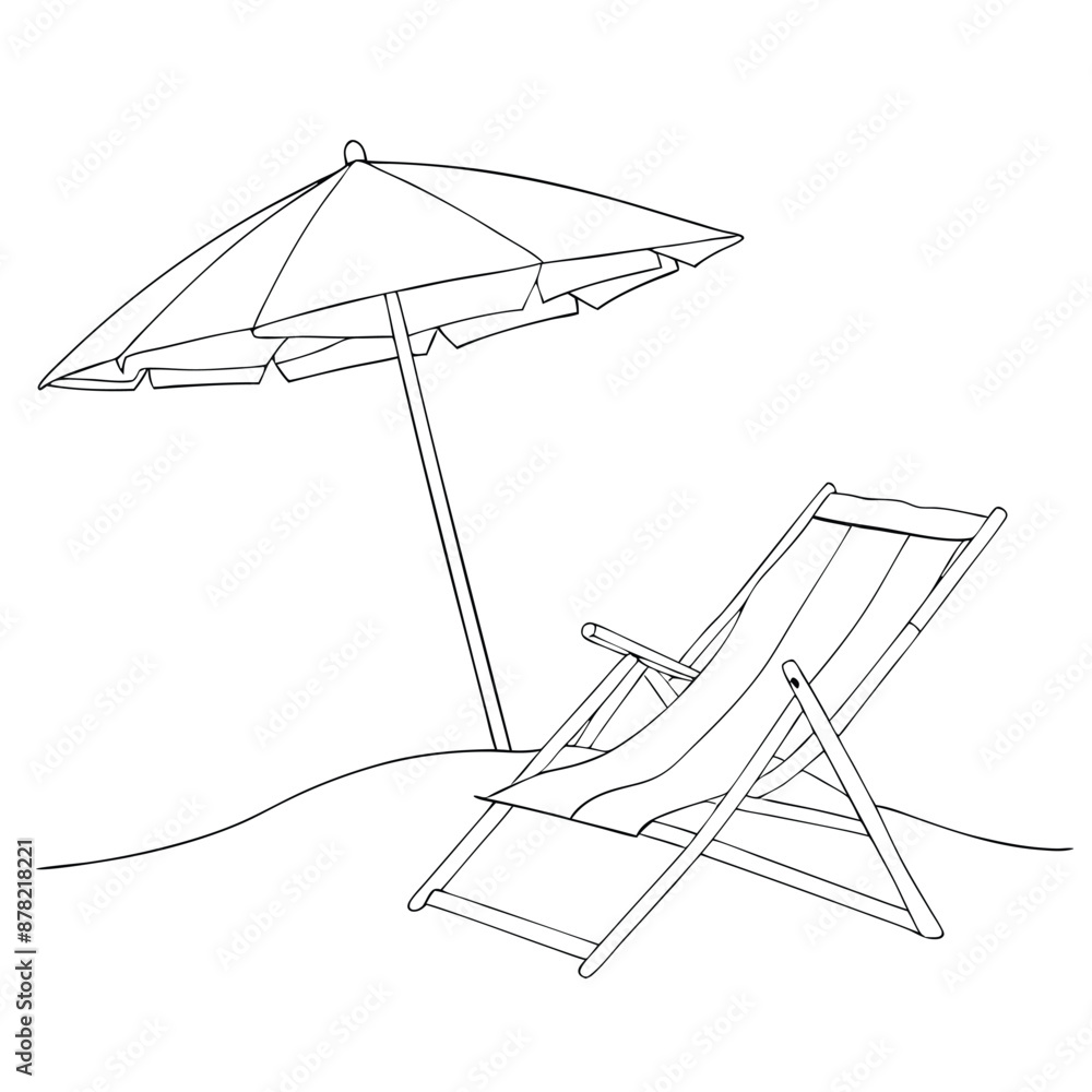 Obraz premium single line drawing of a parasol and beach chair isolated on a white background. 
