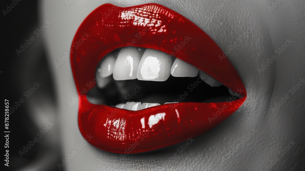 Close-up of a person's lips with red lipstick, showcasing a glossy finish and a slight smile Close-up of a person's lips with red lipstick, showcasing a glossy finish and a slight smile