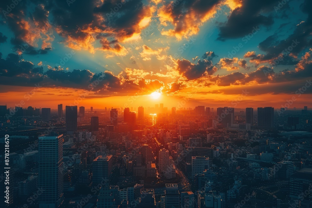 Fototapeta premium Stunning panoramic view of an urban cityscape at sunset with a dramatic skyline and glowing clouds illuminating the vibrant metropolis