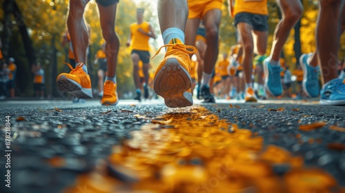 Close up of feet of several marathon runners running on street, focus on their shoes with blurred background, running during competition in race in city