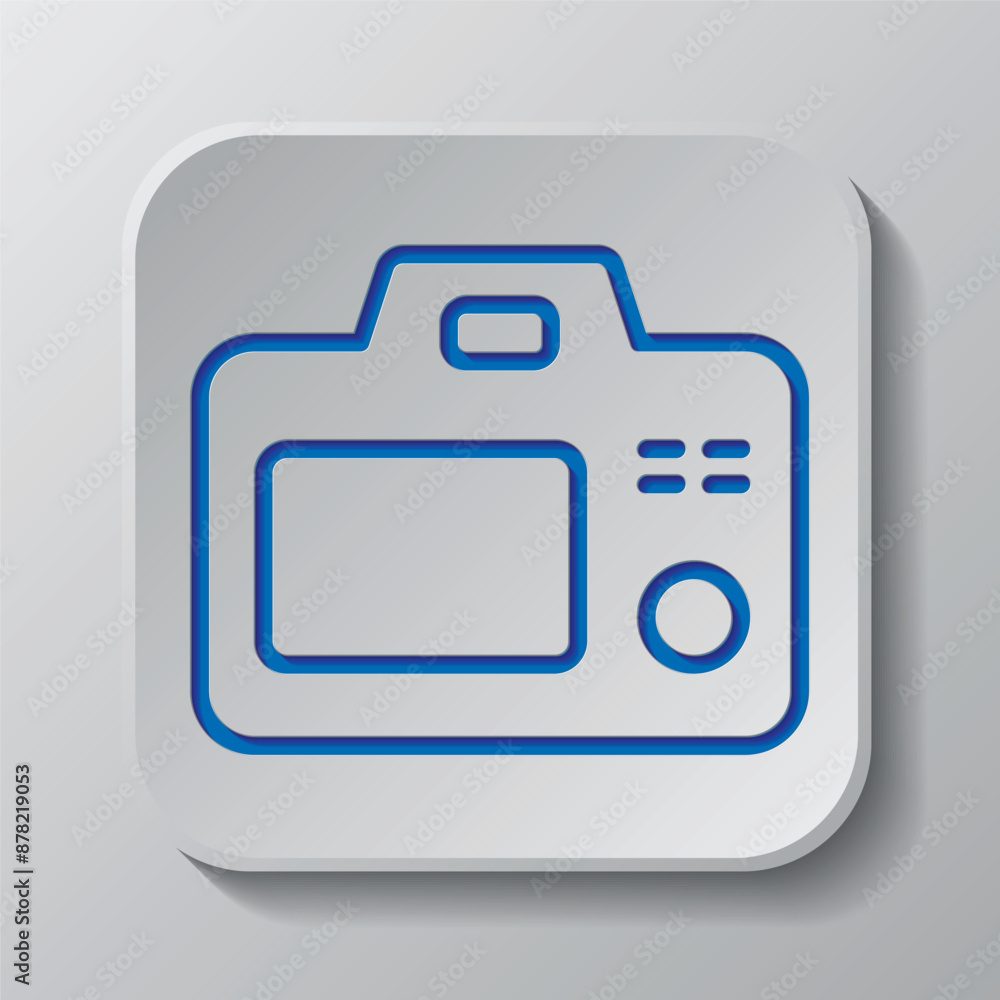 Camera simple icon vector. Flat design. Paper cut design. Cutted blue symbol with shadow. Gray badge button, gray background Camera simple icon vector. Flat design. Paper cut design. Cutted blue symbol with shadow. Gray badge button, gray background