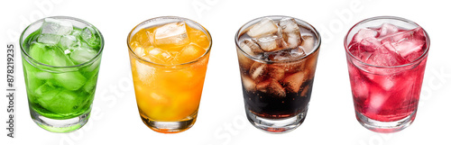 Colorful cold soft drinks with ice cubes in glasses, great for quenching thirst and cooling off in summer photo