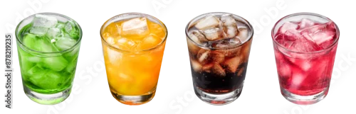 Obraz  z motywem Colorful cold soft drinks with ice cubes in glasses, great for quenching thirst and cooling off in summer