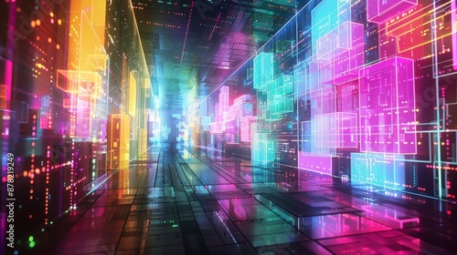 A glowing city corridor with neon buildings and reflective floors