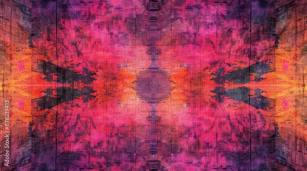 Obraz premium Abstract representation with a symmetrical pattern, featuring a variety of colors such as red, purple, orange, and black, with a texture that resembles a stained or painted wooden surface