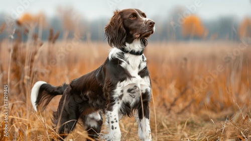 Small Munsterlander hunting dog in field with poised stance photo