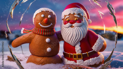 festive scene featuring a snowman and Santa Claus