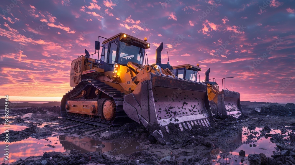 Heavy Construction Bulldozers at Sunset on a Muddy Construction Site with Dramatic Sky Heavy Construction Bulldozers at Sunset on a Muddy Construction Site with Dramatic Sky