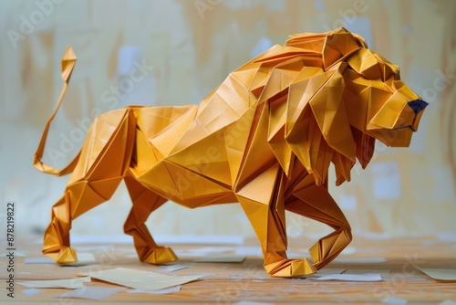 Amber paper folding art of a geometric lion, combining strength and precision in design.