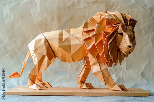 Amber paper folding art of a geometric lion, combining strength and precision in design.
