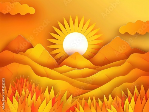 Amber paper art of a radiant sunrise over mountains, capturing the brilliance and serenity of dawn.