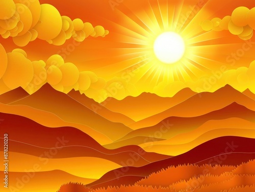 Amber paper art of a radiant sunrise over mountains, capturing the brilliance and serenity of dawn.