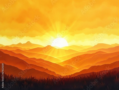 Amber paper art of a radiant sunrise over mountains, capturing the brilliance and serenity of dawn.