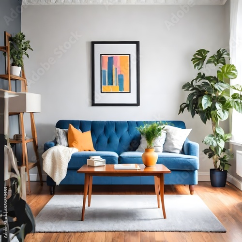 Living room with couch and picture frame on wall.