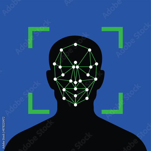 Face recognition icon with check mark sign symbol vector illustration. Concept of facial recognition, face ID system, biometric identification, face scan system. Cyber security concept.