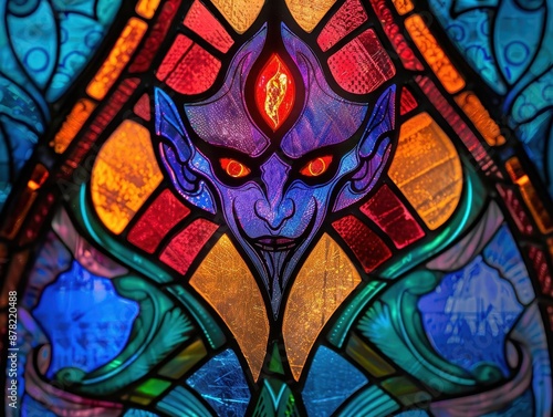intricate stained glass window design featuring a hauntingly beautiful vampire motif rich jewel tones creating an ethereal and gothic atmosphere