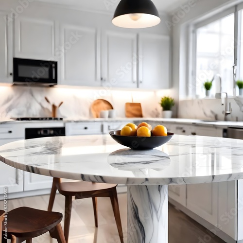 white and bright marble table foreground with blurred kitchen background. oranges in black trey.