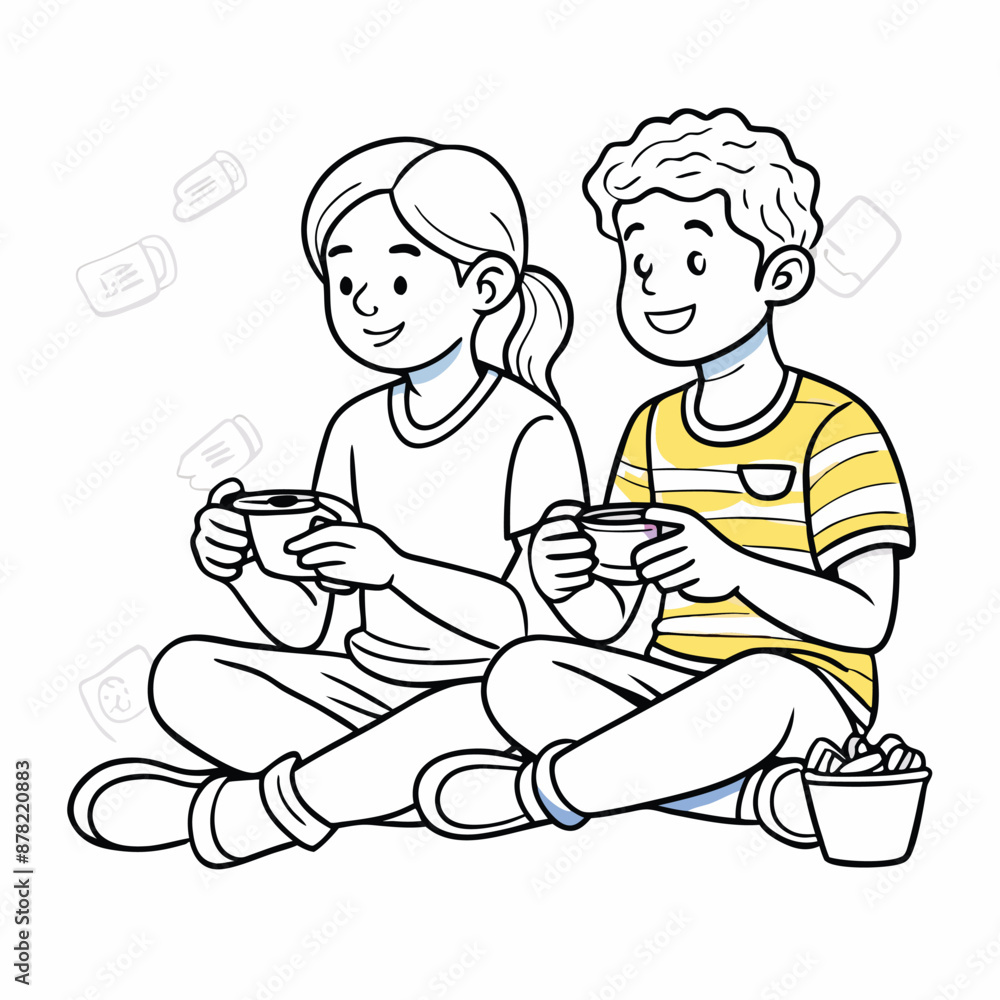 two kids playing video games. line art vector illustration, isolated on a white background
