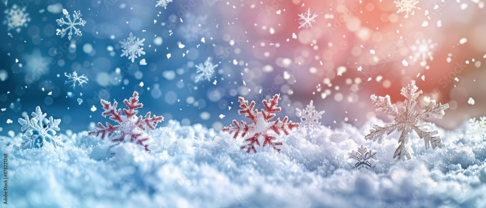 Beautiful Snowflakes Falling on Fresh Snow with Colorful Background in Winter Wonderland Beautiful Snowflakes Falling on Fresh Snow with Colorful Background in Winter Wonderland
