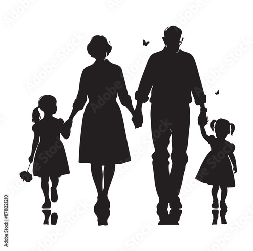 grandparents walking with two granddaughter silhouette vector