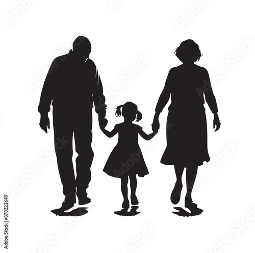 grandparents walking with two granddaughter silhouette vector